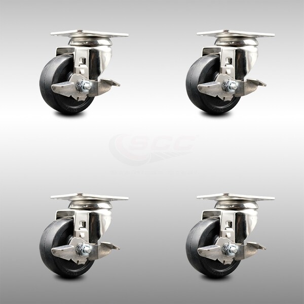 3 Inch 316SS Soft Rubber Wheel Swivel Top Plate Caster Set with Brake SCC